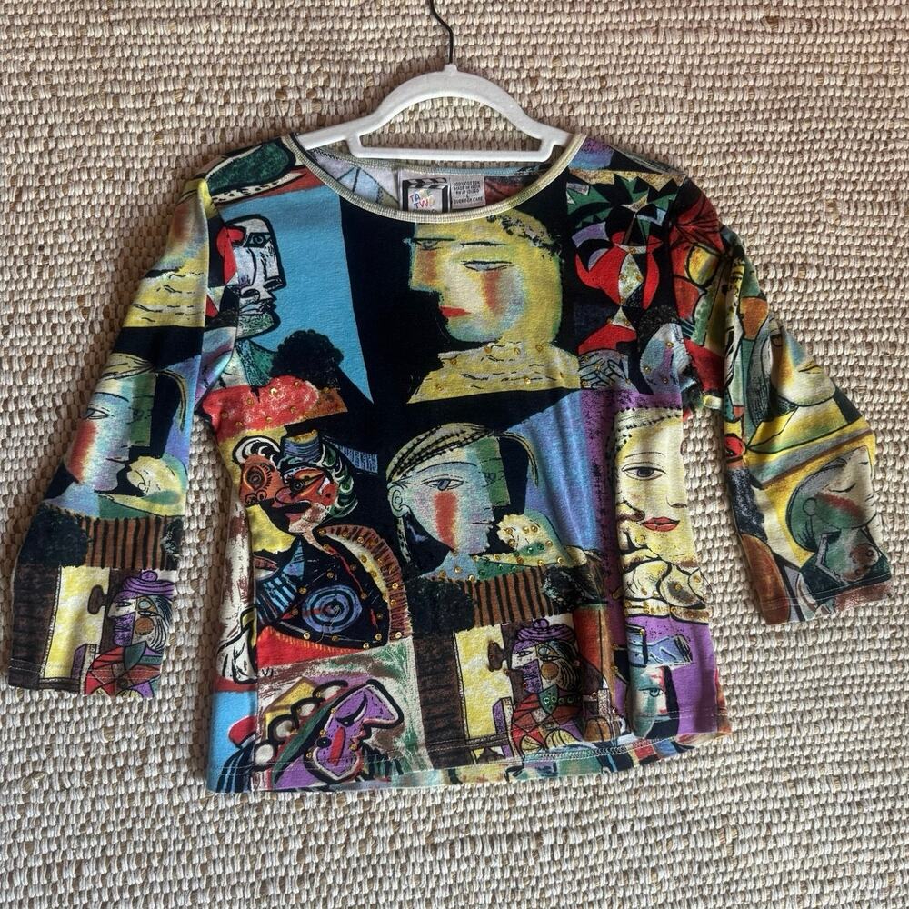 Y2K Take Two Picasso Cubist Art Print Top 3/4 Sleeve Cotton Tee Artsy Whimsygoth